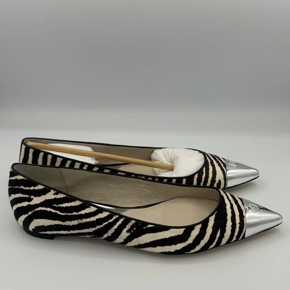 Michael Kors Paxton Leather Calf Hair Zebra Flats with Silver Tone Accents NIB - Picture 2 of 11